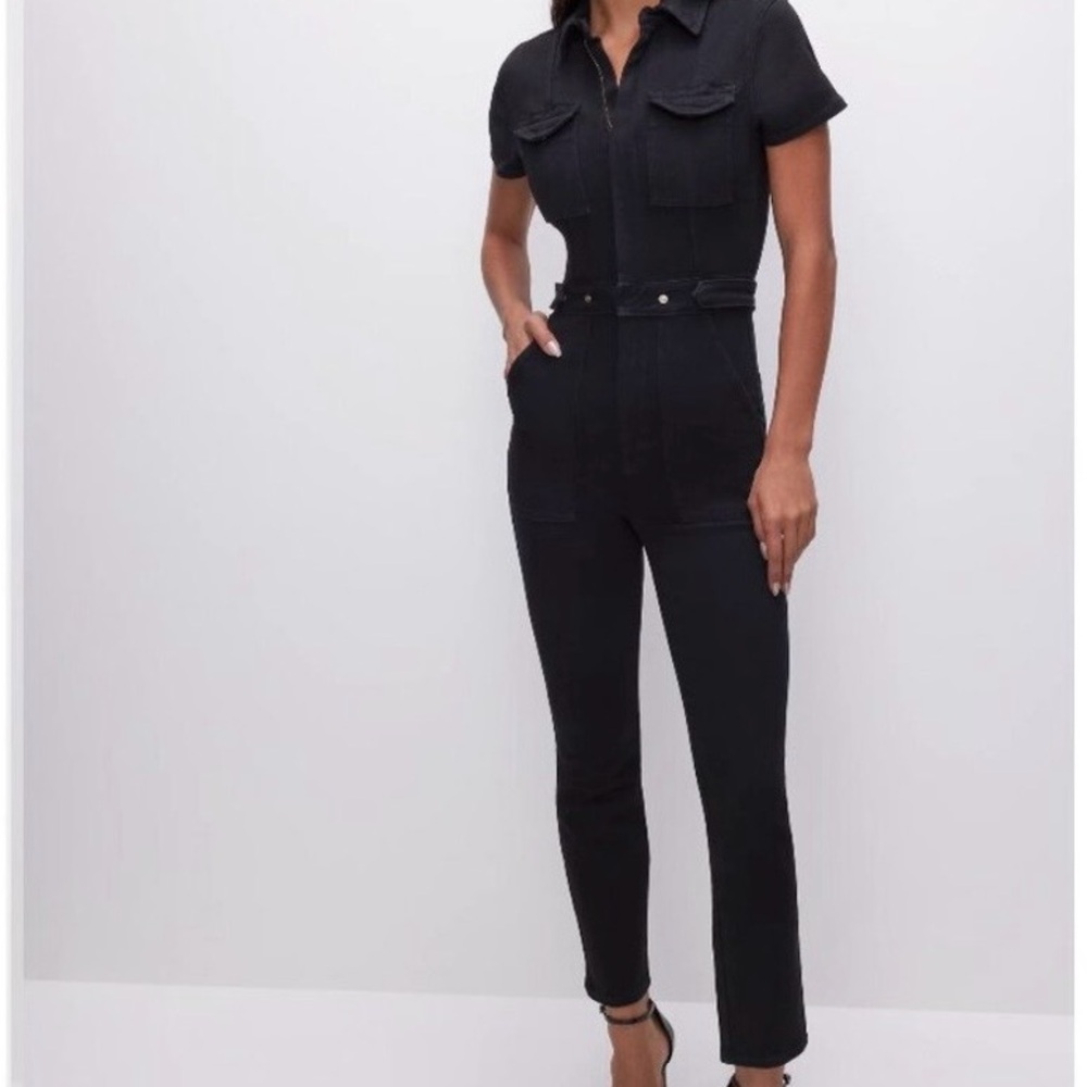 Good American Black Short-Sleeve Zip Utility Jumpsuit